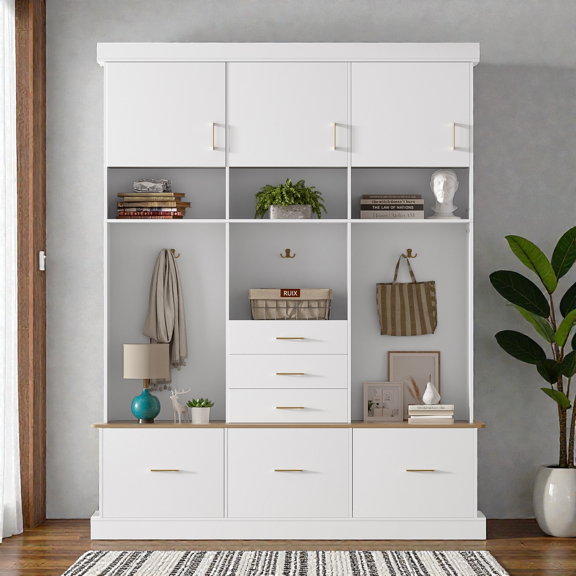 Entryway Hall Tree with Bench, Drawers, Cabinets, Open Shelves and Hooks, Entry Organizer for Shoes, Bags, Coats - MDF