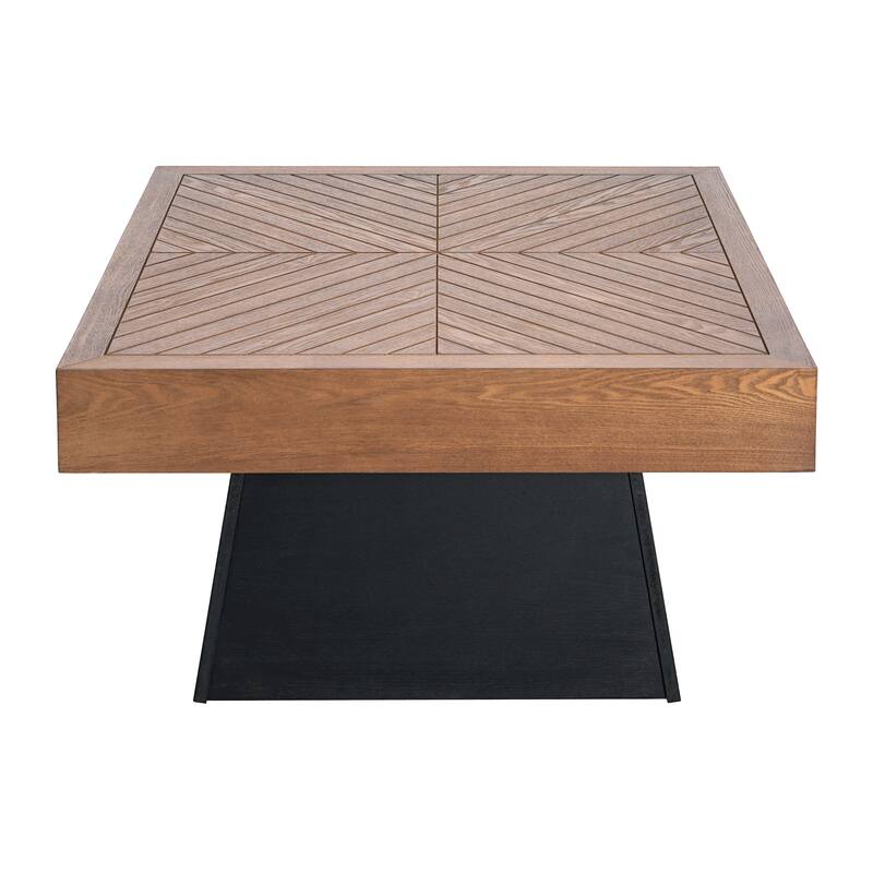 Roomfitters 31.5" Square Coffee Table, Modern Wood Grain Center Table with Parquet Sunburst Top and Tapered Black Pedestal Base