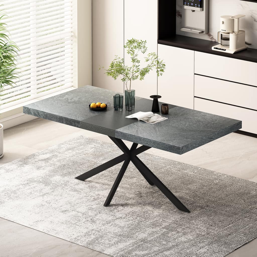 55.11" -70.86"Retro Rectangular Stretch Dining Table,Dark Grey stone Top And Black Relief Plate,With Storage Box.