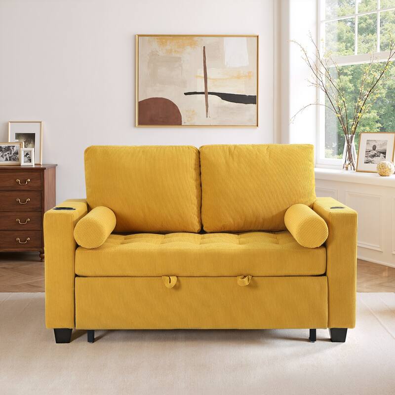 Corduroy Convertible Loveseat Sofa Bed Recliner with Cup Holder, USB Ports & Storage