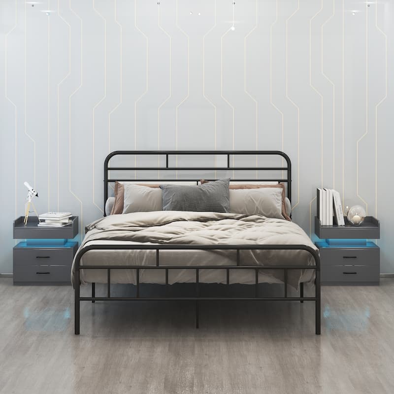 1 Set Nightstand with Adjustable LED Strip Light, 2-Drawers, Large Storage Space