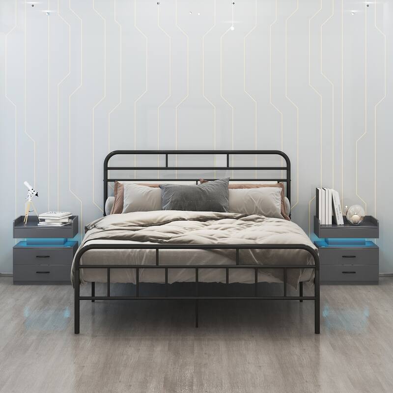 2-drawers Nightstand with Adjustable LED Strip Light for Large Space