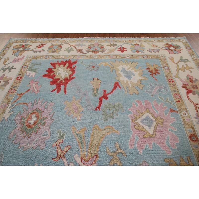Light Blue Floral Oushak Rug Hand-Knotted Oriental Wool Carpet - 8'10"x 11'10"