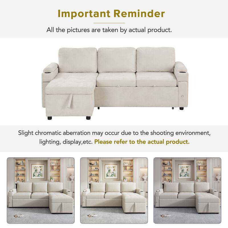 L-shaped Sofa Couch Convertible Sofa Bed, Sectional Sofa with 2 Cup Holders and 2 USB Ports Lounge Couches for Living Room