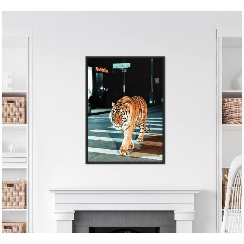 Kate and Laurel Sylvie Tiger in the City at Night 2 Framed Canvas by Michael Schauer