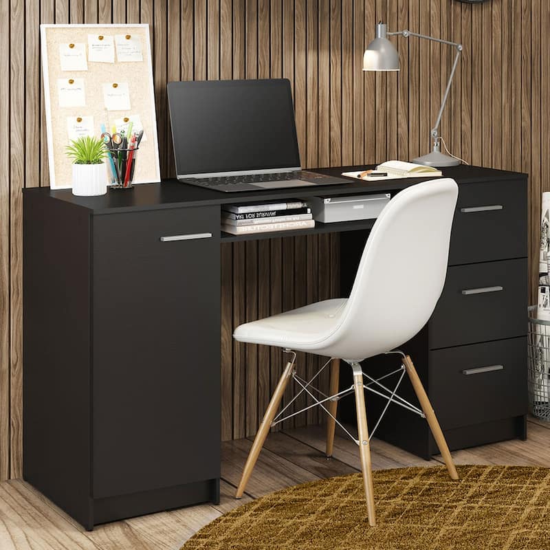 Madesa Home Office 53 inch Computer Writing Desk with 3 Drawers, 1 Door and 1 Storage Shelf, Wood, 30" H x 18" D x 53" W - 53 inches - Black