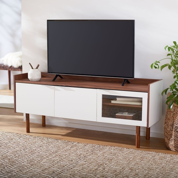 SAFAVIEH Safiya Walnut 55-inch Storage Media TV Stand - 55.1" W x 15.7" L x 22.7" H. Opens flyout.
