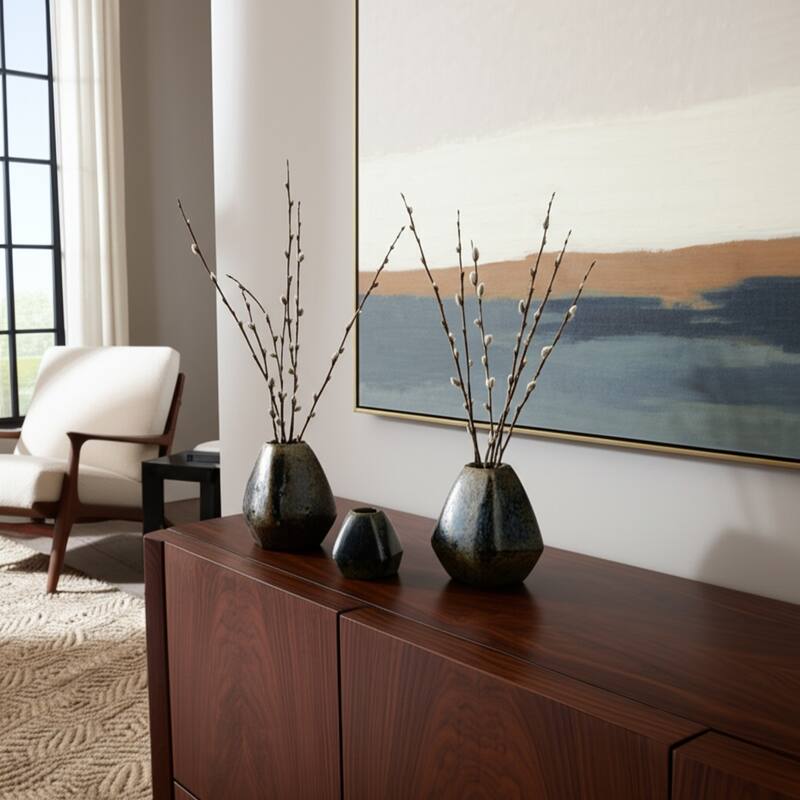 Stoneware Vases Geometric Glazed Finish (Set of 3) - 8/7/5" Brown