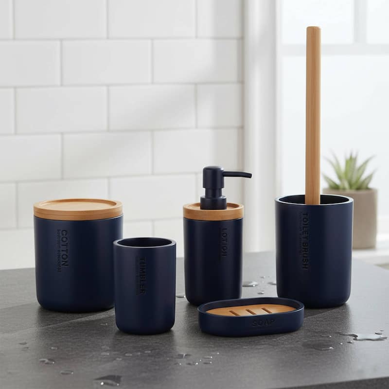 Bathroom Essentials Set Natural Bamboo Bath Set Accessories 5 pieces - Navy Blue