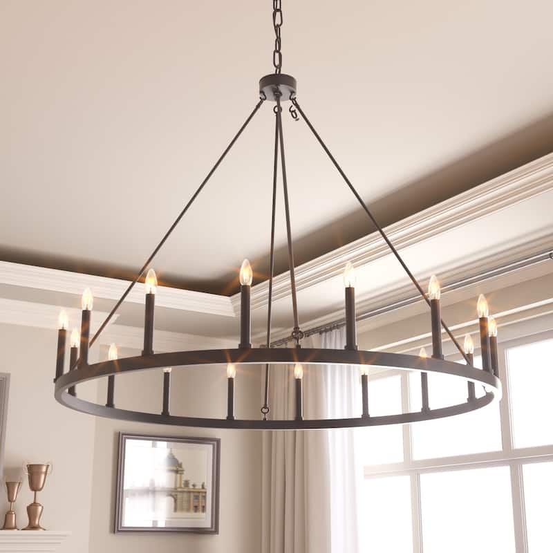 Modern Farmhouse Black Round Wagon Wheel Chandelier - 47 in/16-light