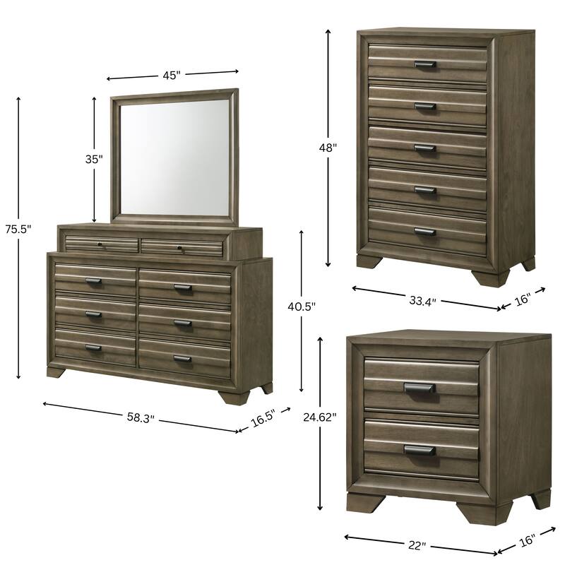 Roundhill Furniture Loiret Rubbed Gray Oak Finish Wood Storage Platform Bedroom Set with Dresser, Mirror, Nightstand, Chest