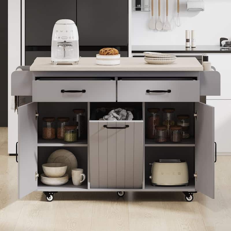 Kitchen Island with Trash Can Storage Cabinet, Kitchen Cart - Grey
