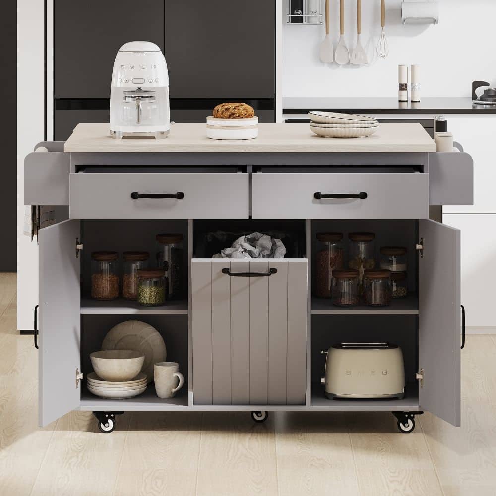 Kitchen Island with Trash Can Storage Cabinet, Kitchen Cart