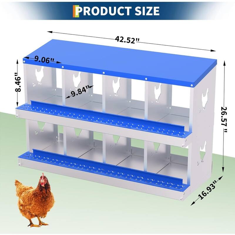 8 Compartment Metal Chicken Nesting Box, Laying Box for Hens Ducks Rabbits, Blue
