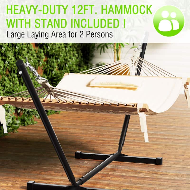 VEIKOUS 12 ft. Quilted Camping Portable Hammock with Stand and Detachable Pillow for 2-Person