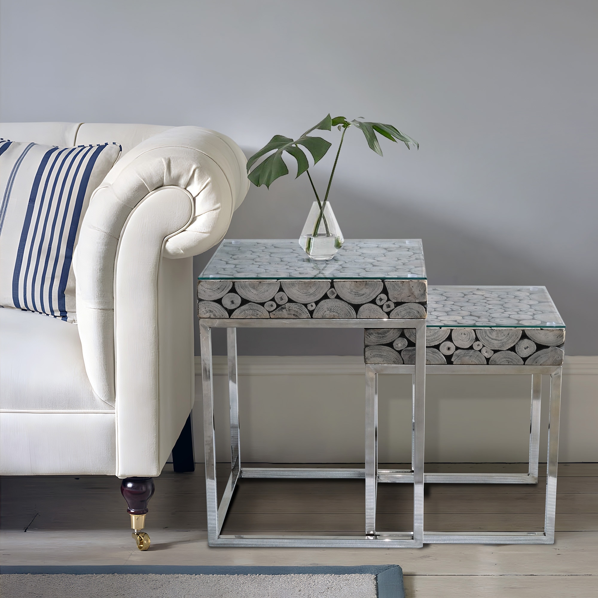 Casual Elements Branch Teak Wood And Stainless Steal Base Nesting Side Tables With Glass Top Set of 2