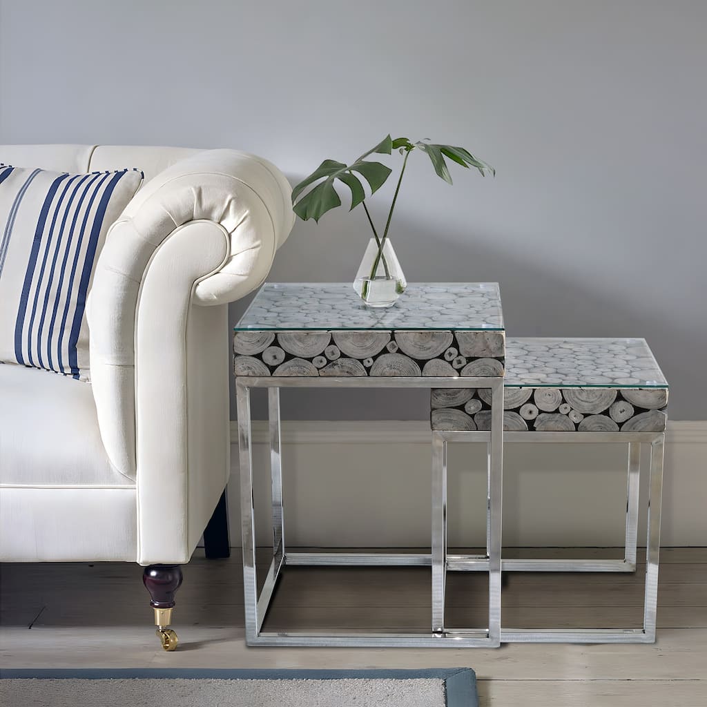 Teak Wood Branch Nesting Side Tables With Glass Top Set of 2