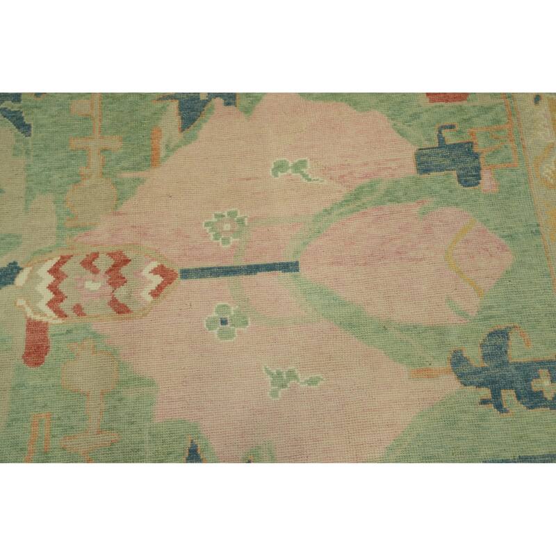 Vegetable Dye Green Oushak Turkish Area Rug, Floral Geometric Carpet - 10' 5'' X 8' 2''