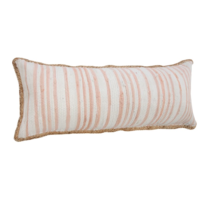 Sevita Coral Pink and White Striped Jute Bordered Throw Pillow