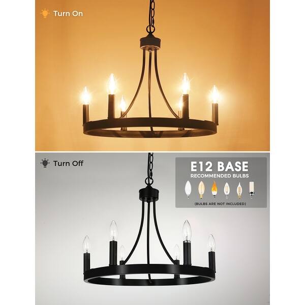 Black 8-Light Wagon Wheel Chandelier – 26 Inch Farmhouse Fixture For Dining Room, Kitchen, Porch