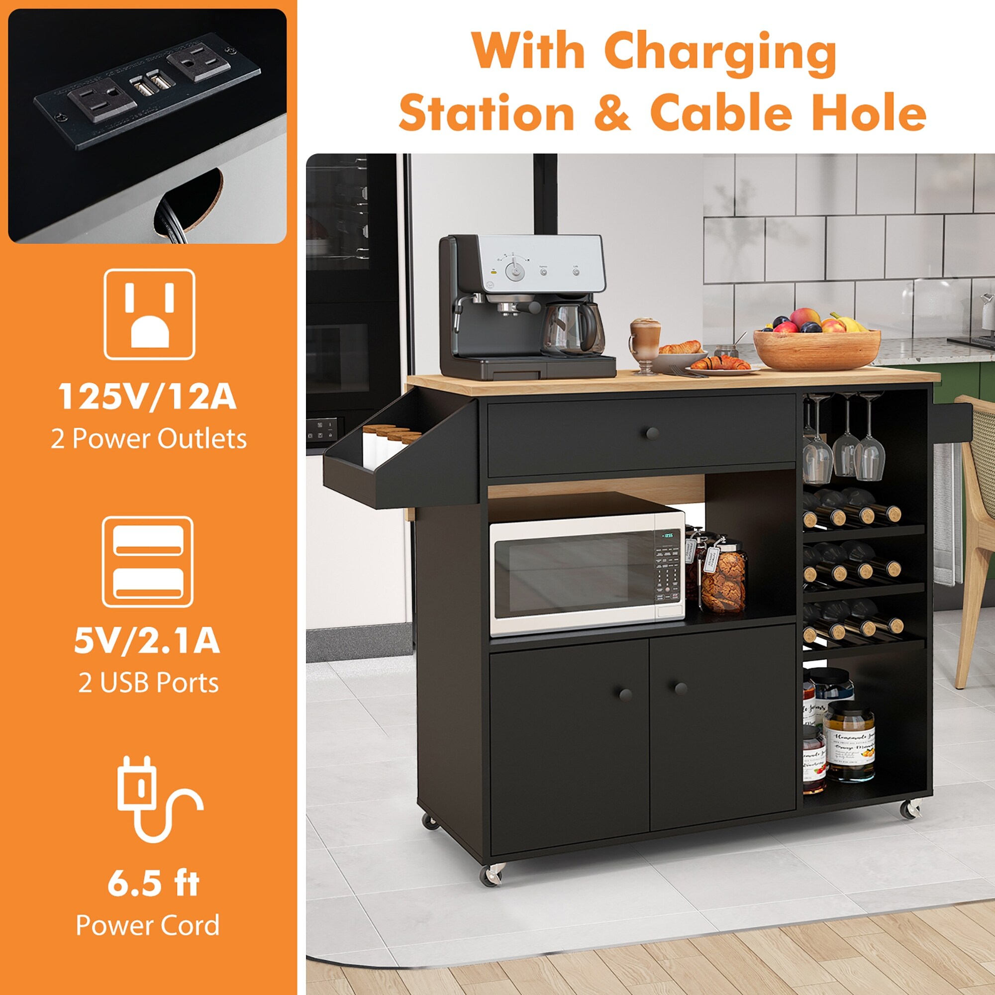 Gymax Kitchen Island Cart w/ Drop-Leaf & Power Outlet Microwave