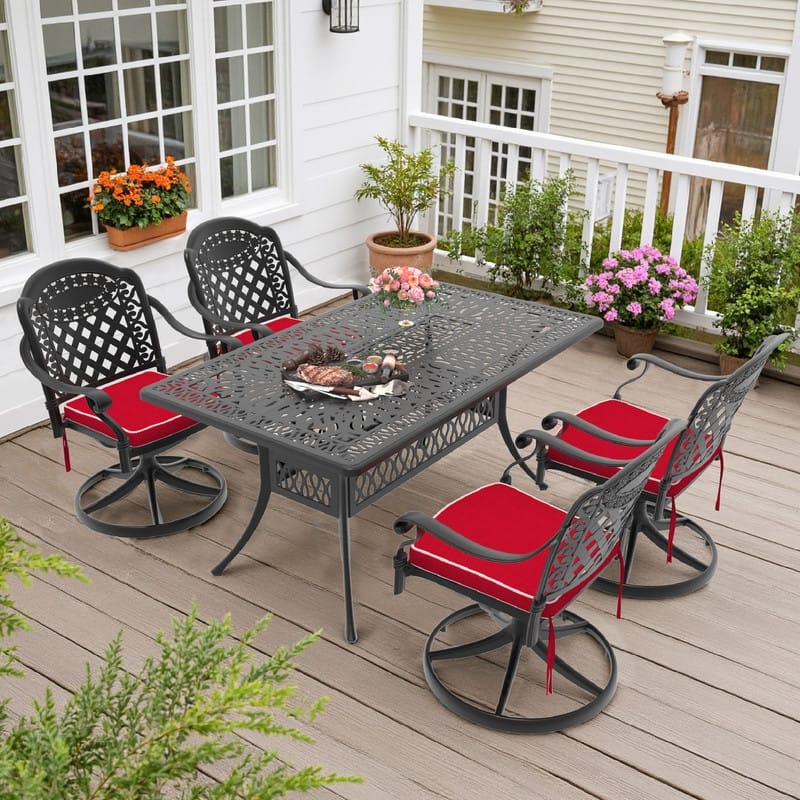5-Piece Aluminum Rectangular Outdoor Patio Dining Set, 4 Cushioned Swivel Chairs, Table, All-Weather Frames