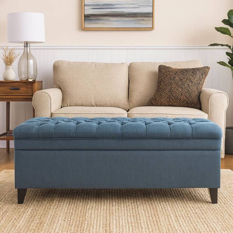 Rhya Storage Ottoman Bench, Soft Blue Fabric, Black Wood, 50 Inch