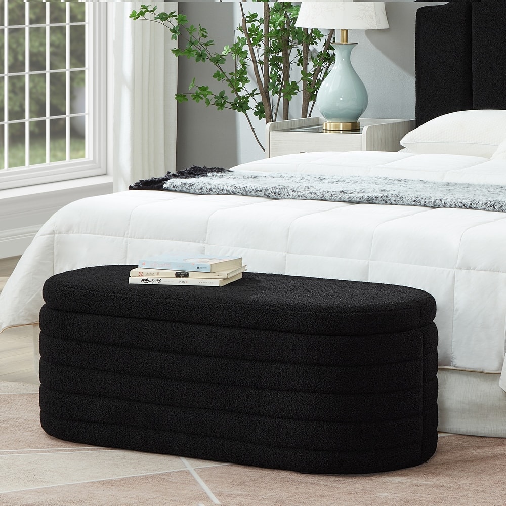 Modern Oval Storage Ottoman Bench for Bedroom, Teddy Fabric Upholstered Bench, End of Bed Stool with Safety Hinge