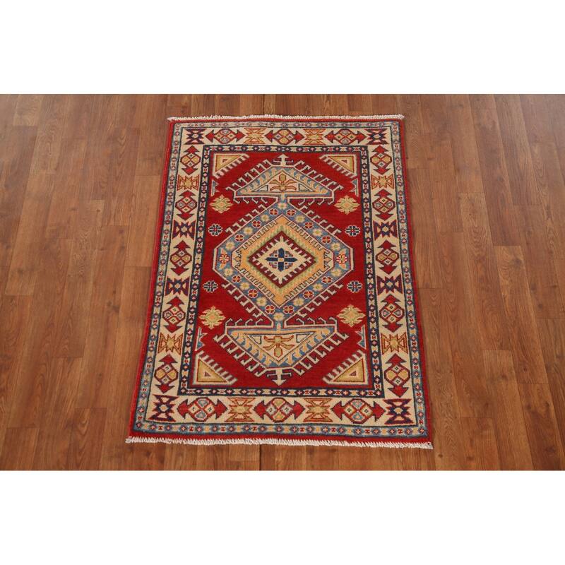 Geometric Kazak Oriental Accent Rug Hand-Knotted Red Wool Carpet - 2'7"x 3'8"