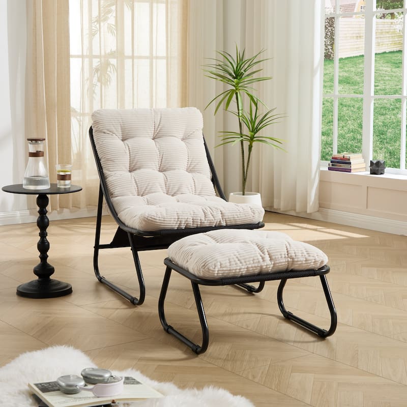 Patio Outdoor Lounge Chair with Ottoman, Comfy Sling Recliner Chair with Puffy Cushion and Foot Stool for Living Room - White