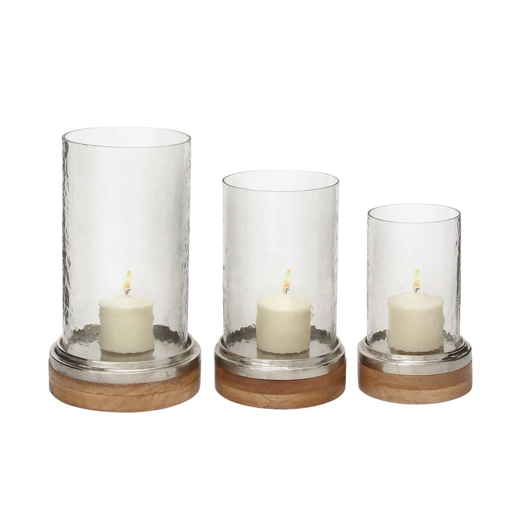Wood Pillar Hurricane Lamp with Glass Candle Holders - Set of 3 Brown - Roche River Decor - 8"W x 8"L x 13"H