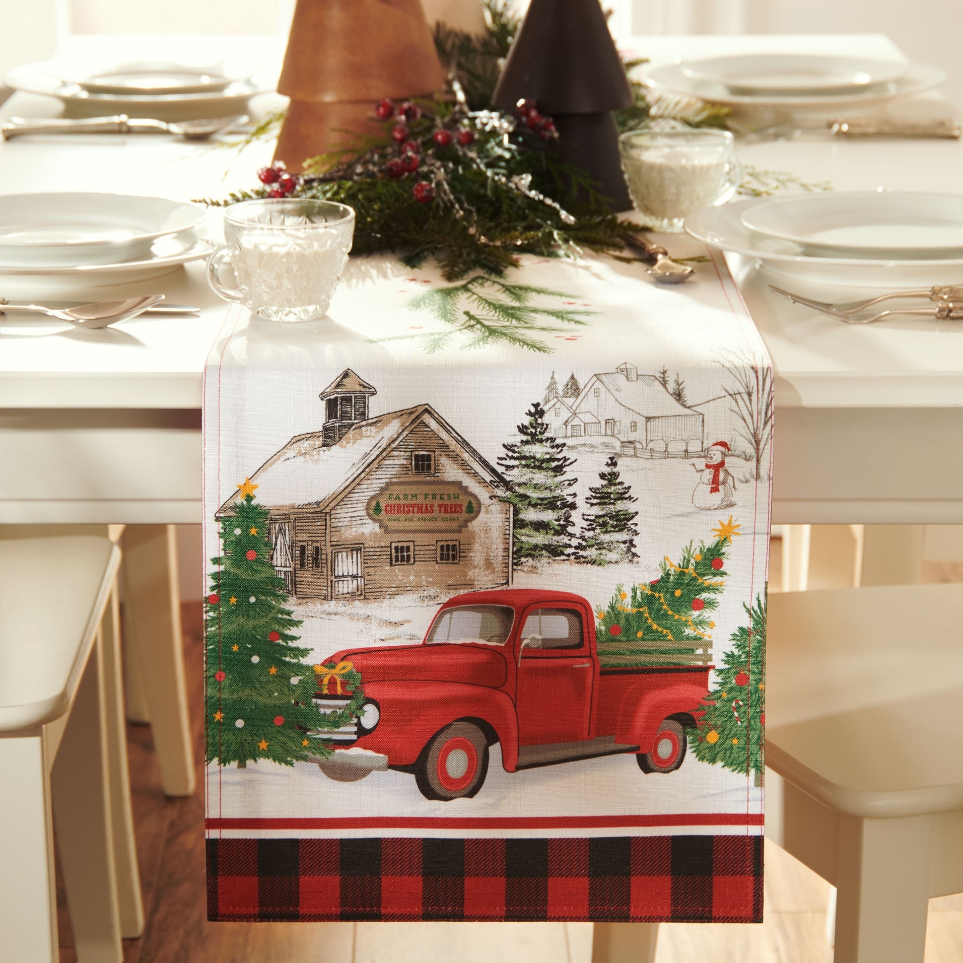 Vintage Christmas Tree Farm Holiday Table Runner - 13x70