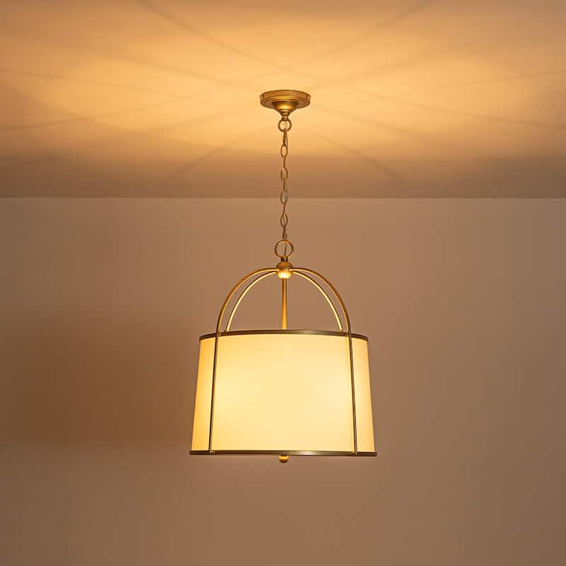 Mid-Century White Fabric Round Drum Cage Pendant Ambient Light
