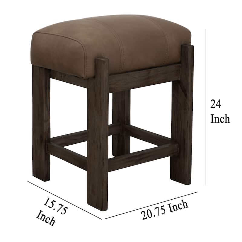 Eray Counter Height Stool, Teak Brown Cushioned, Solid Wood 24 Inch