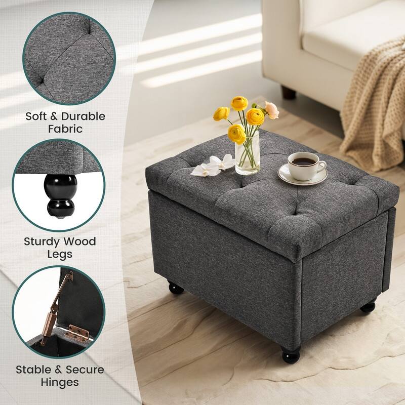 24" Faux Linen Rectangle Storage Ottoman, Shoe Stool for Entryway