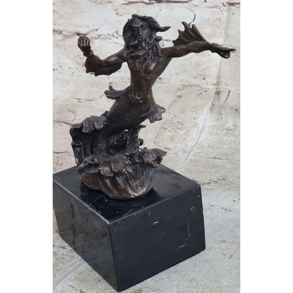 Signed Poseidon God Of Sea Bronze Bookend Book End Sculpture Marble Base Statue