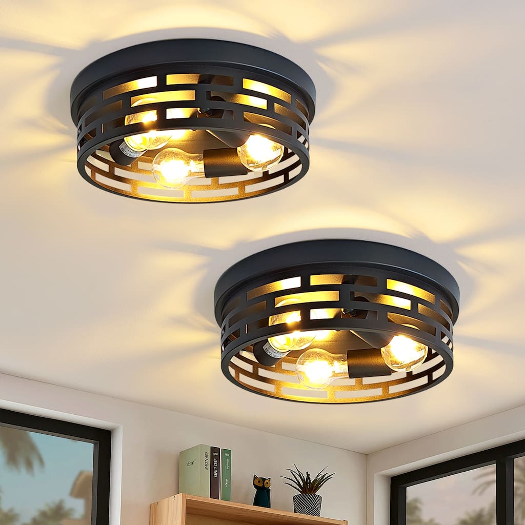 3-Light Industrial Flush Mount Ceiling Light, Black Metal Cage, E26 Base, Modern Farmhouse Lighting for Hallway, Bedroom