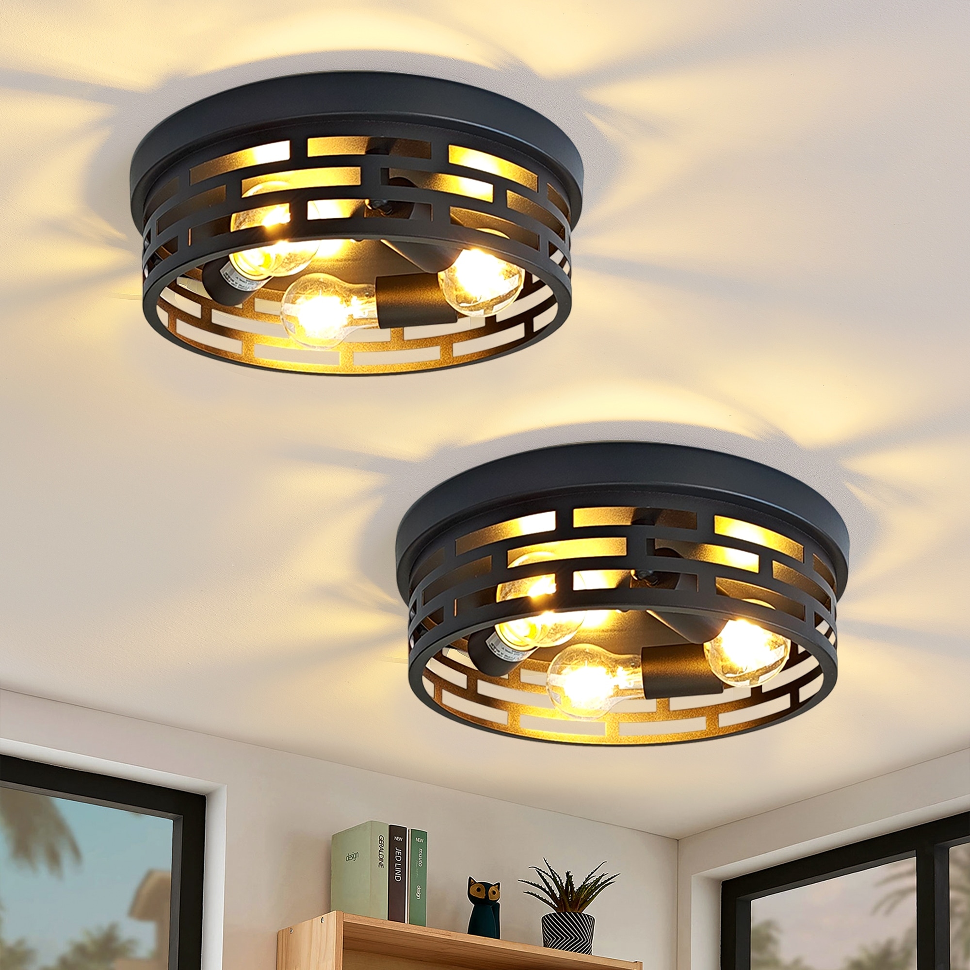3-Light Industrial Flush Mount Ceiling Light, Black Metal Cage, E26 Base, Modern Farmhouse Lighting for Hallway, Bedroom