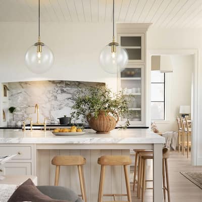 1-Light Modern Gold Dome Orb Pendant Island Light with Clear Glass Globe Bubble Shade