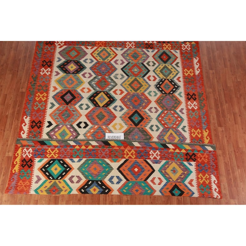 Geometric Kilim Oriental Area Rug Hand-Woven Reversible Wool Carpet - 8'8"x 11'2"