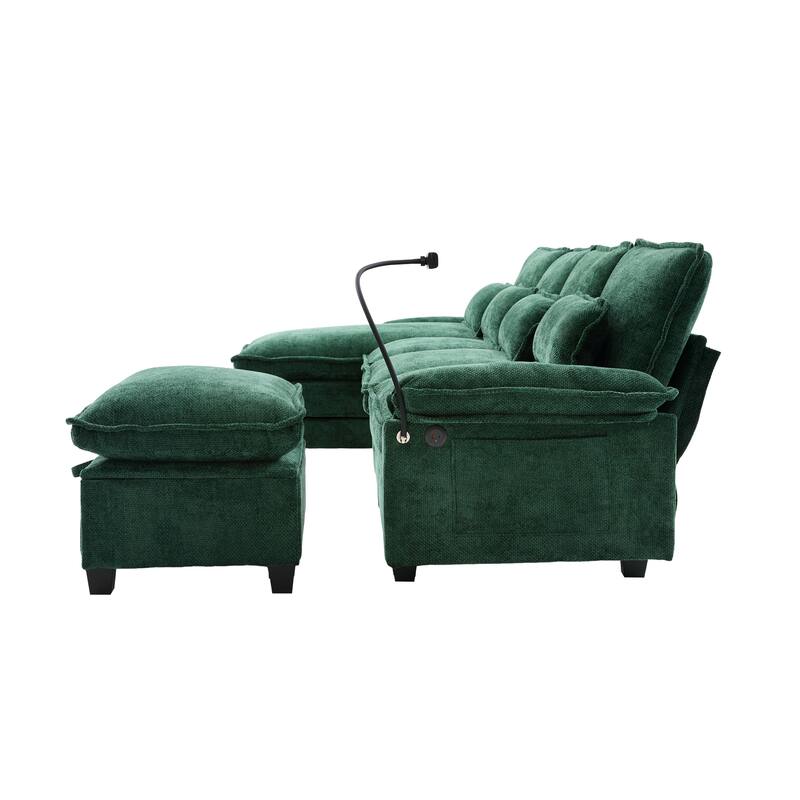 Chenille U-shape Sectional Sofa with Chaise and Storage Ottoman, Modular Couch with USB/Type-C Ports, Side Pockets, Phone Holder