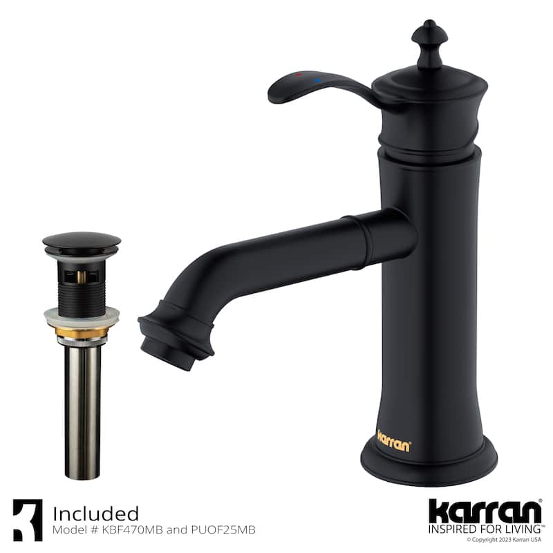 Karran Vineyard KBF470 Single-Handle Single Hole Basin Bathroom Faucet with Matching Pop-up Drain - Matte Black