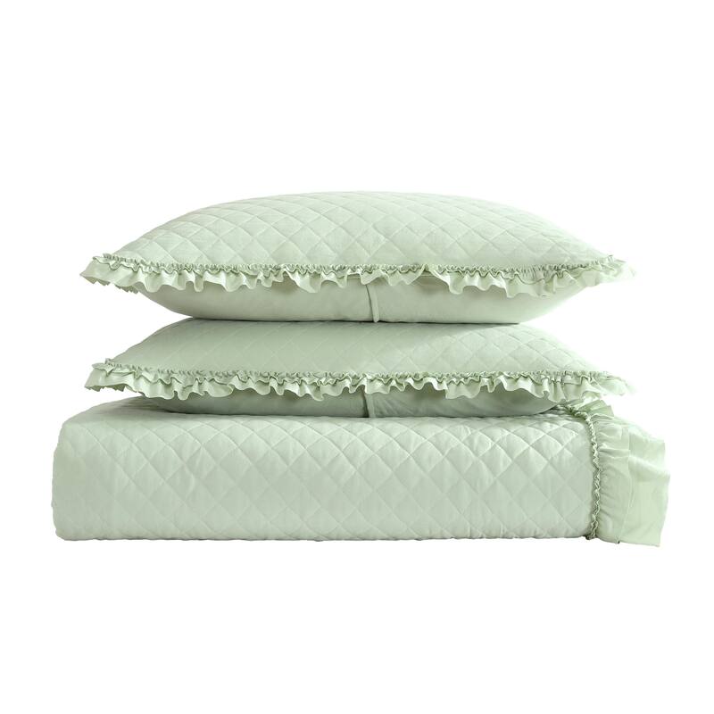 Laura Ashley Claire Ruffled Reversible Green Quilt Set