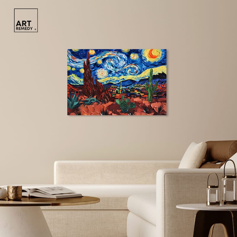 Art Remedy Desert Night Stars Gallery Wrapped Impressionism 1 Piece Canvas Wall Art /Monet And Van Gogh Inspired Art