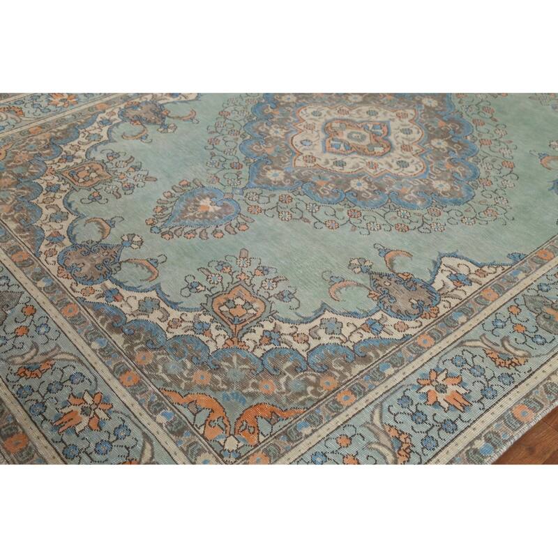 Turquoise Green Tabriz Persian Vintage Area Rug Handmade Wool Carpet - 6'8"x 9'6"