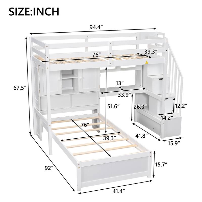 Twin over Twin Loft Bed with Built-in Desk and Staircase, With Storage Compartments and Shelves, Natural