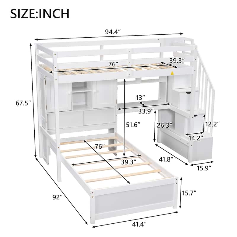 White Twin over Twin Loft Bed with Built-in Desk, Staircase & Storage