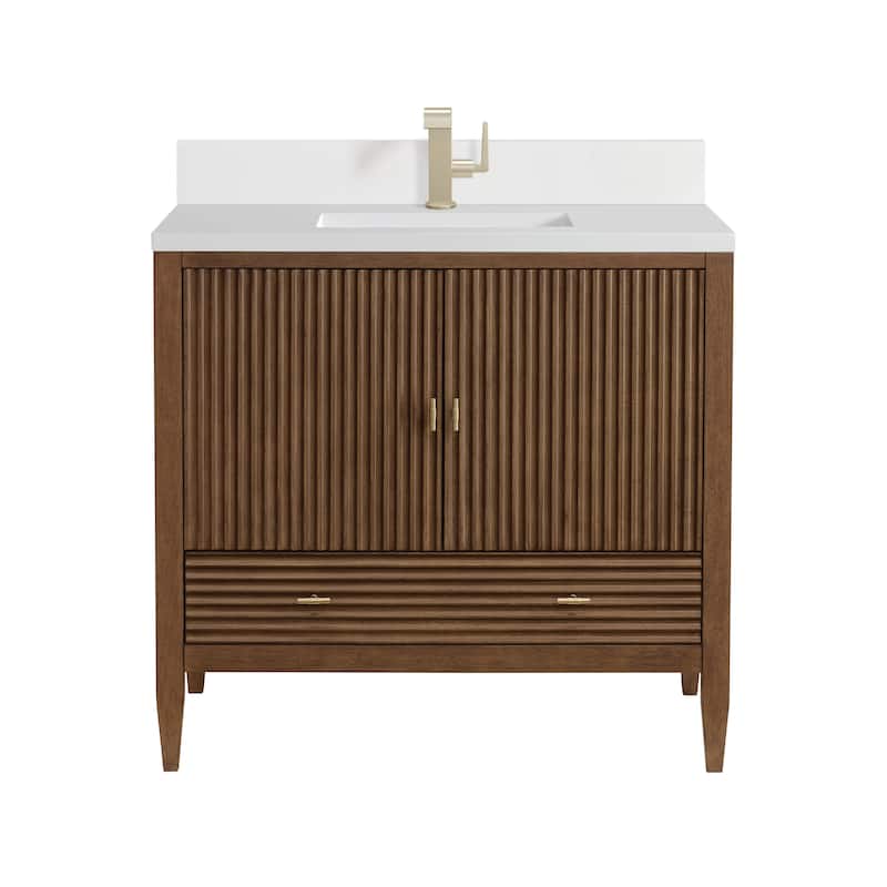 James Martin Vanities Myrrin 36" Vanity, Mid Century Walnut - White Zeus - Single Hole
