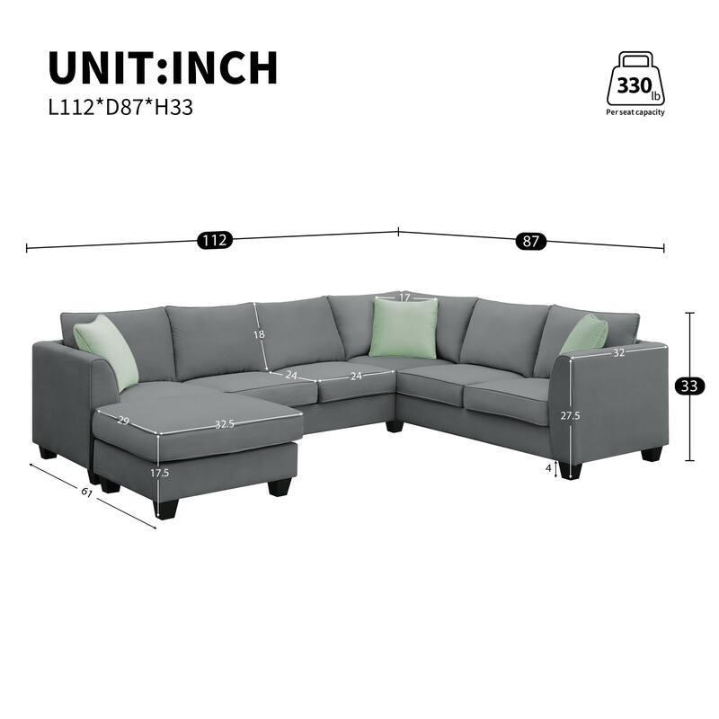 Modular Sectional Sofa with Removable Ottoman, 7 Seats Corner Sectional Sofa, L Shape Fabric Upholstered Sofa with 3 Pillows - Grey