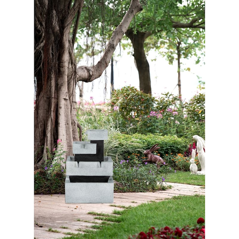 13.6x15.7x22.4" Decorative 4 Tier Gray and Black Block Fountain with Light, for Indoor and Outdoor